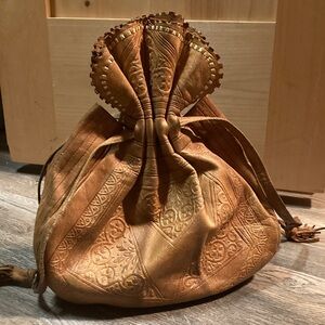 Vintage Tooled Brown Leather Drawstring Bucket Bag